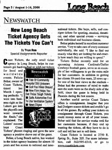 Coast Tickets in the Long Beach Business Journal 2000
